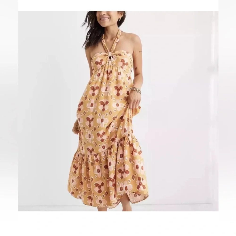 Aerie Linen Blend Halter Midi Dress Mustard Yellow Ikat Geometric Print Large